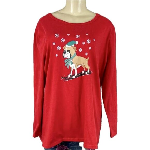 Woman Within +18/20 Red Dog Skiing Holiday Graphic Crew Neck Long Sleeve Tee - Picture 2 of 5